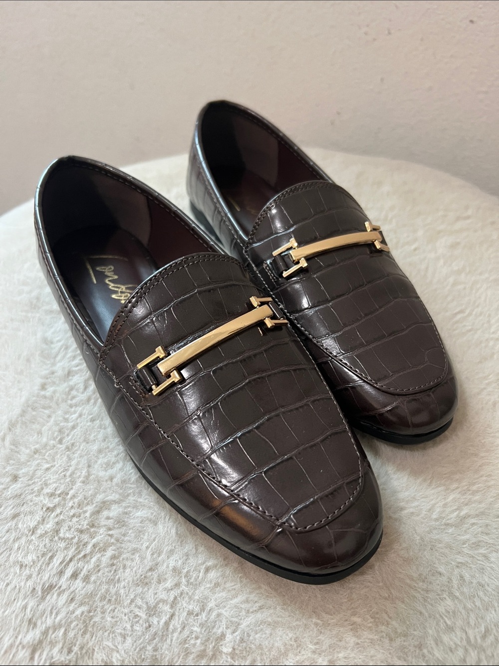 Croc-Embossed Leather Slip-On Loafers with Gold Bar - Brown
